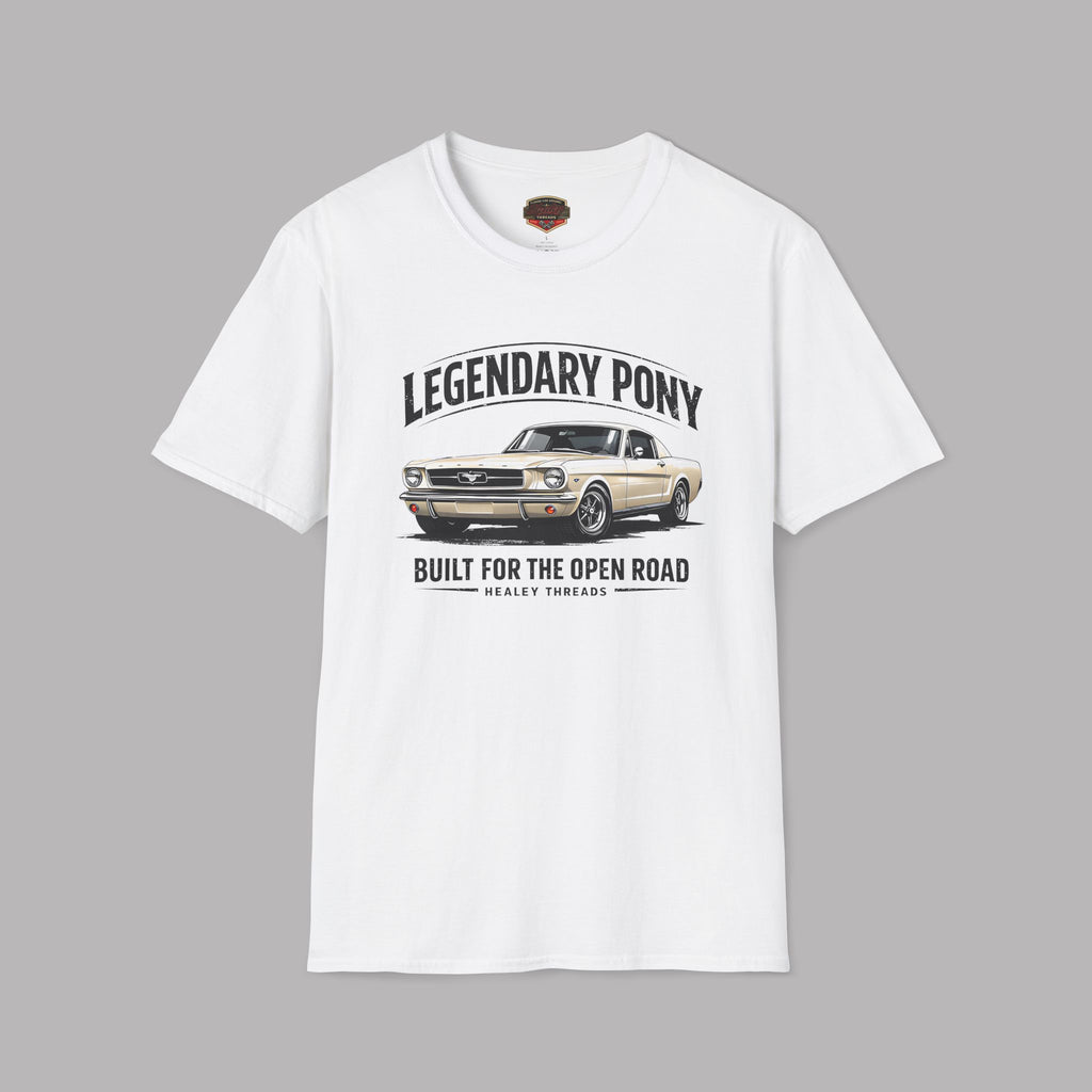 White t-shirt with car graphic and text on a gray background