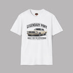 White t-shirt with car graphic and text on a gray background