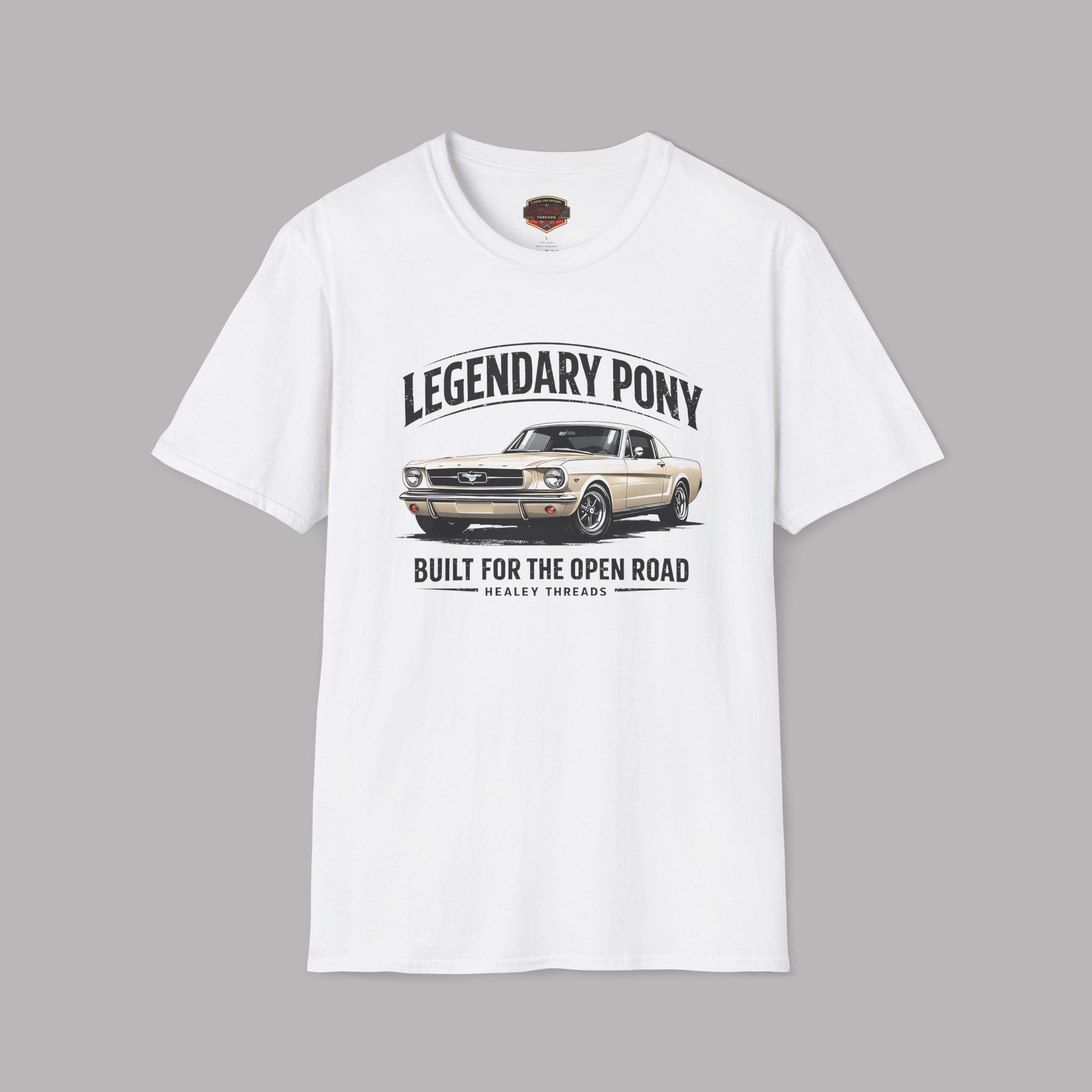 White t-shirt with car graphic and text on a gray background