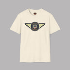 Austin Healey winged badge logo with navy and gold circular emblem, heraldic shield, and cream wings on a natural t-shirt flat on gray background