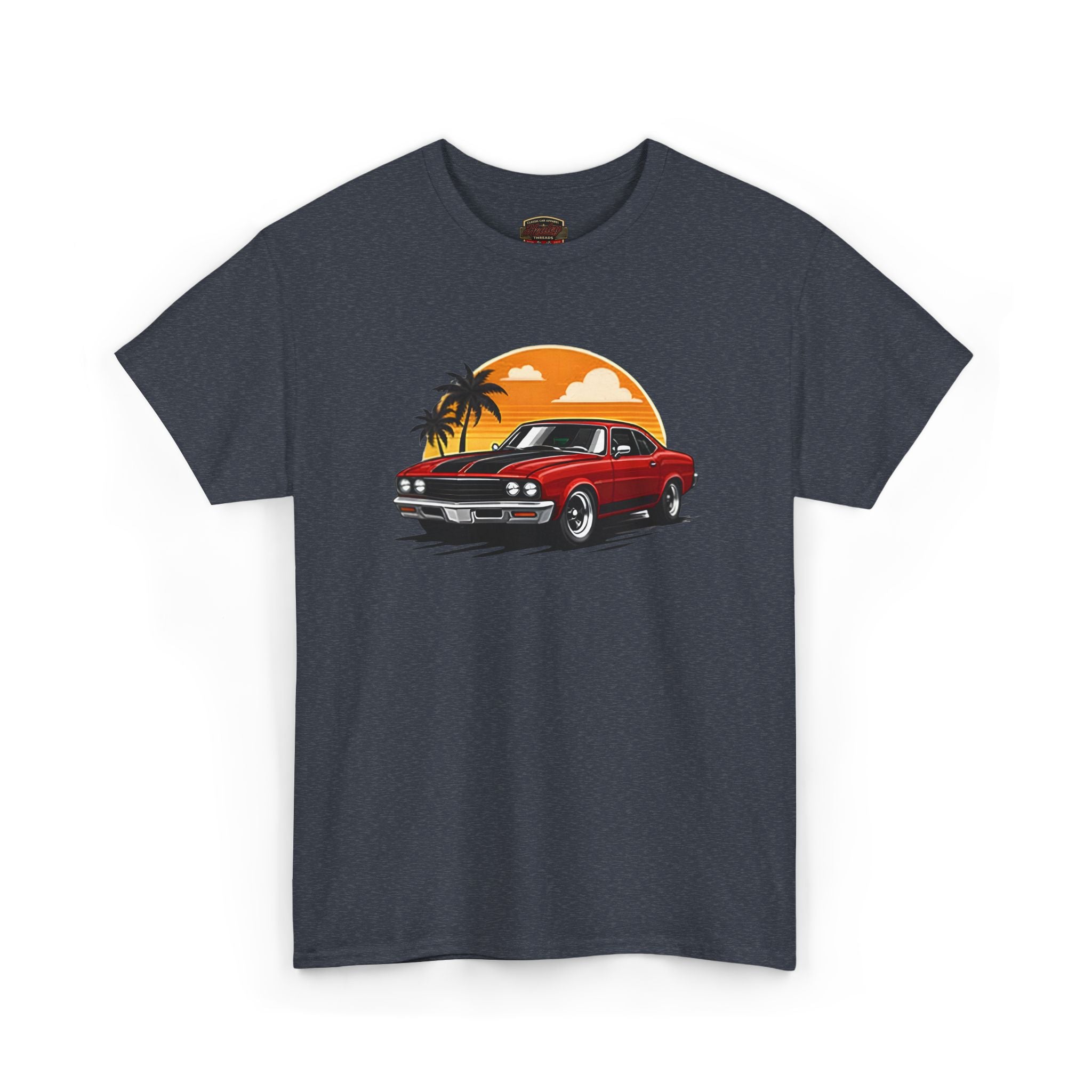 Dark Heather t-shirt with a red car graphic on a white background.