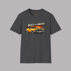 Dark heather t-shirt with a graphic of a car and 'Built to be Driven' text on a gray background