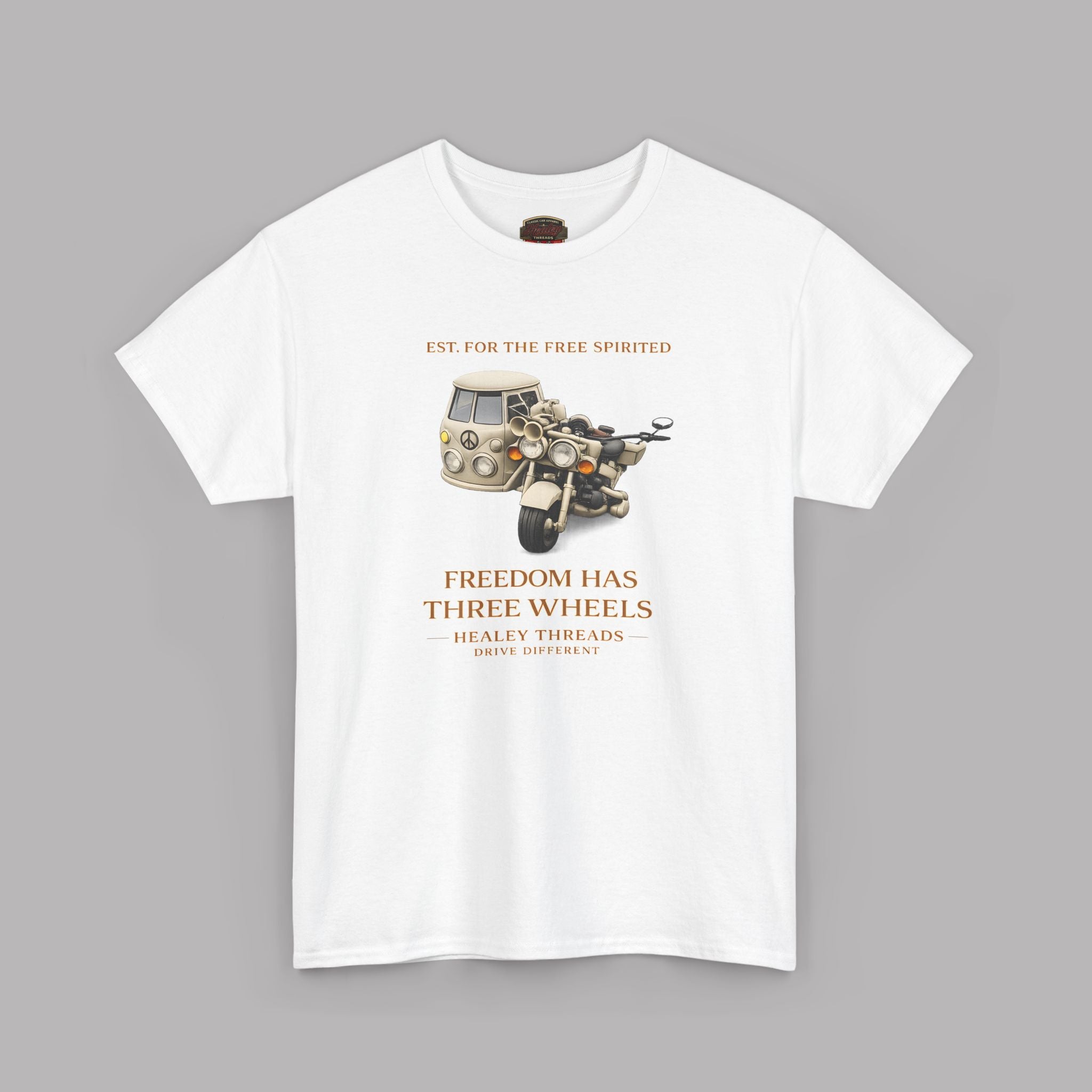 White t-shirt with tri bike and sidecar  motorcycle graphic and text on a gray background
