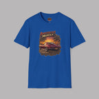 Royal blue t-shirt with 'American Muscle' graphic design on a gray background