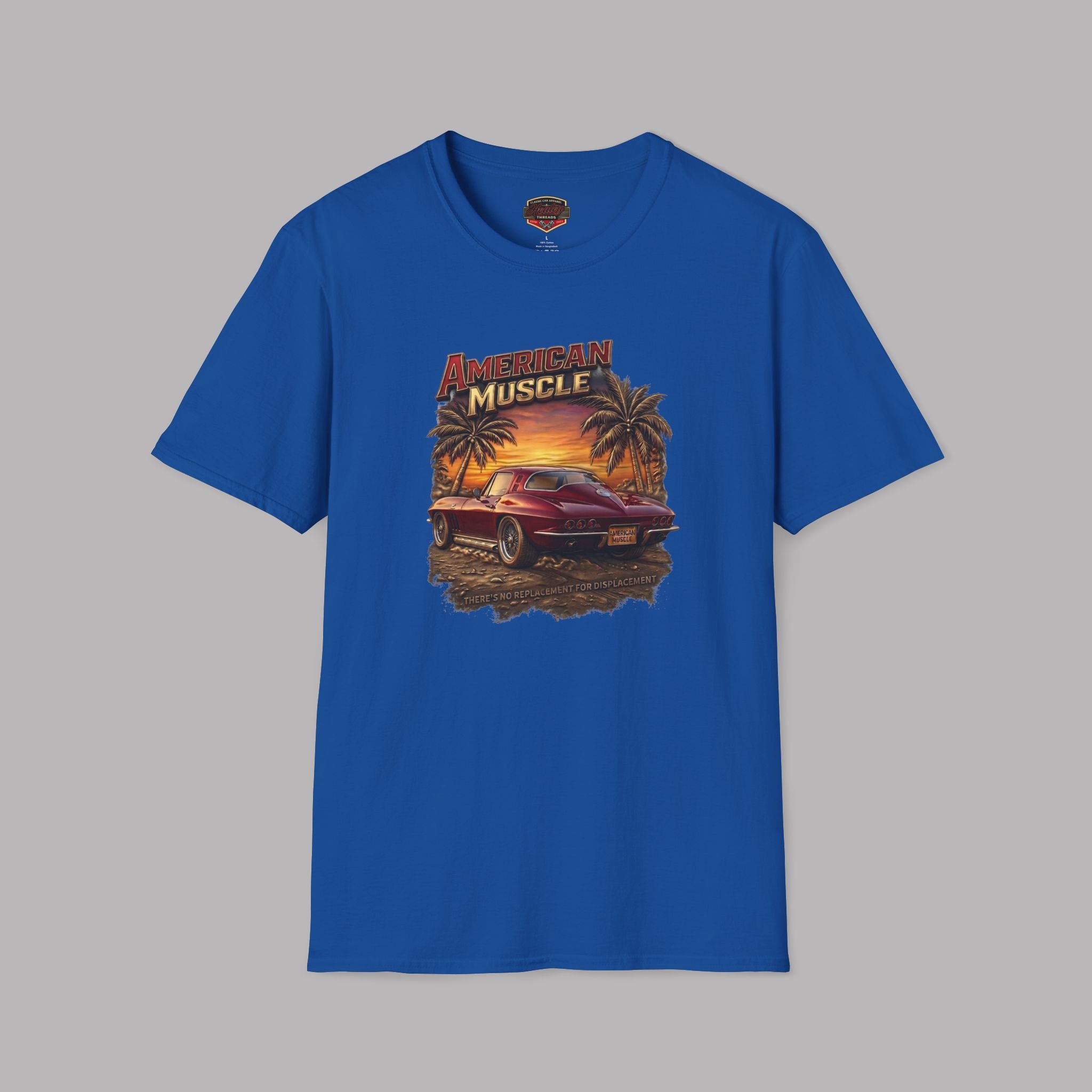 Royal blue t-shirt with 'American Muscle' graphic design on a gray background