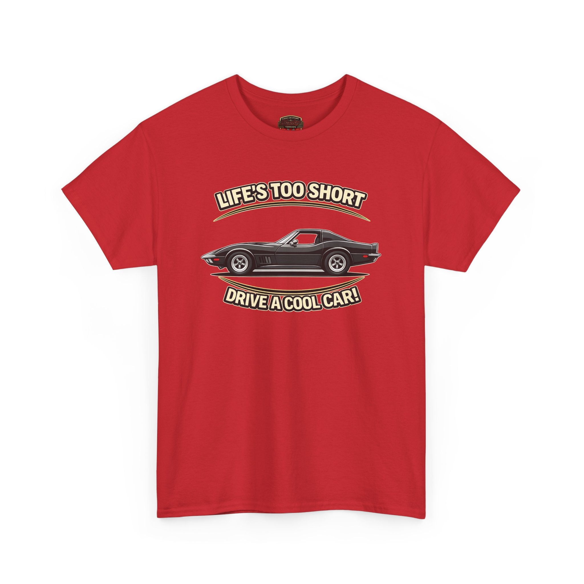 Red t-shirt with a graphic of a vintage vette and text on a white background