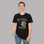 Man wearing a black t-shirt with a graphic supercharged engine design on a gray background