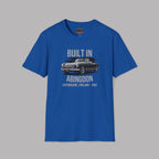 Royal blue t-shirt with a classic car and gray text on a gray background