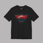 Black t-shirt with vintage car graphic and text on a gray background