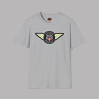 Austin Healey winged badge logo with navy and gold circular emblem, heraldic shield, and cream wings on a sport gray t-shirt flat on gray background