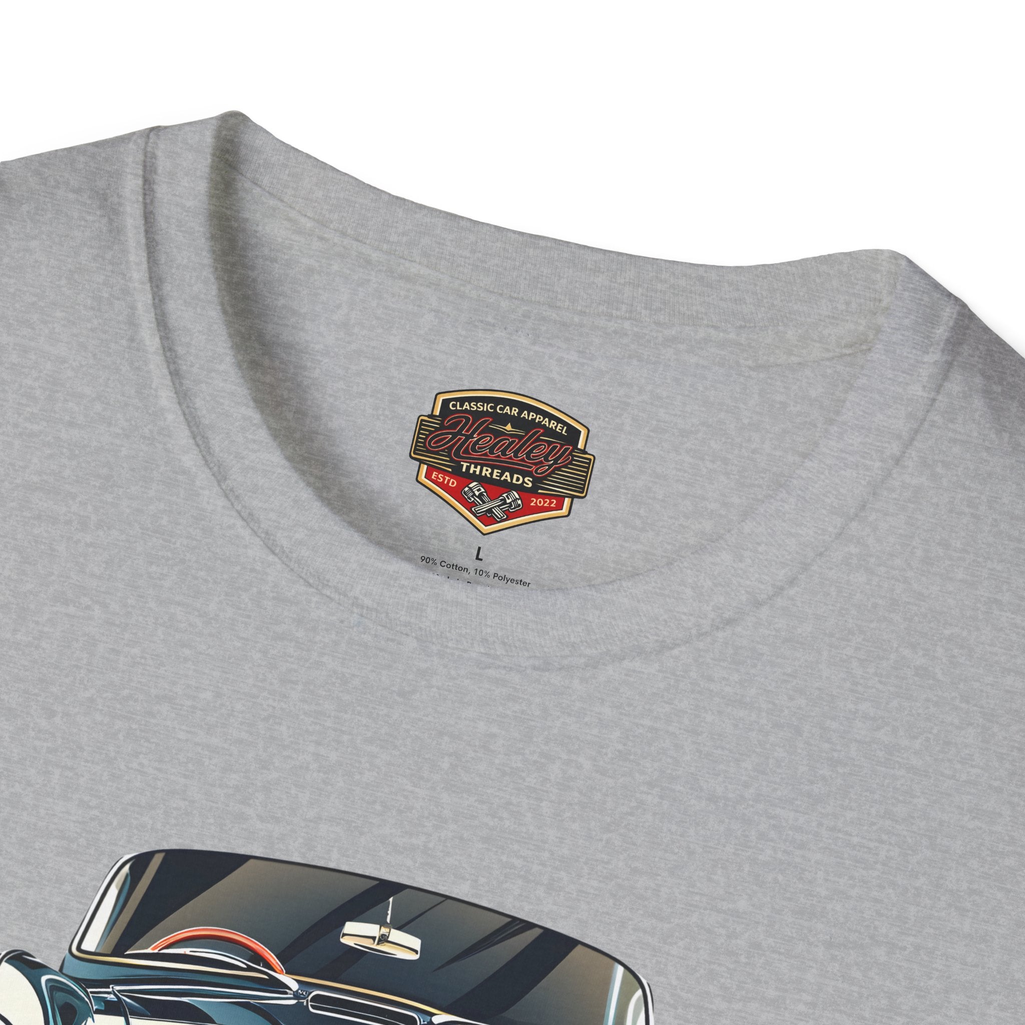 Sport gray t-shirt with a Healey Threads logo on the chest and a car design at the bottom.