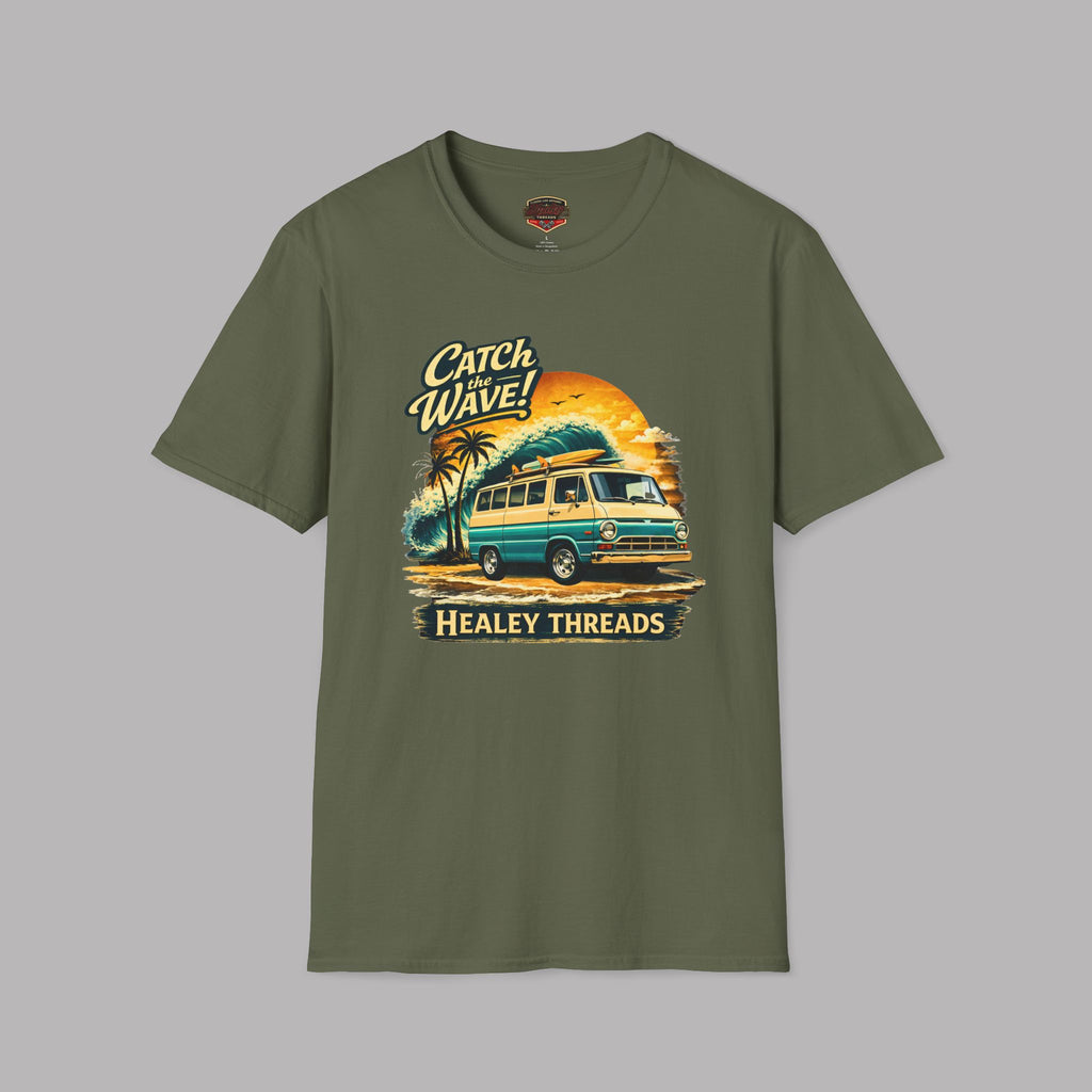 Military green t-shirt with a graphic design of a vintage van and text 'Catch Wave! Healey Threads' on a gray background