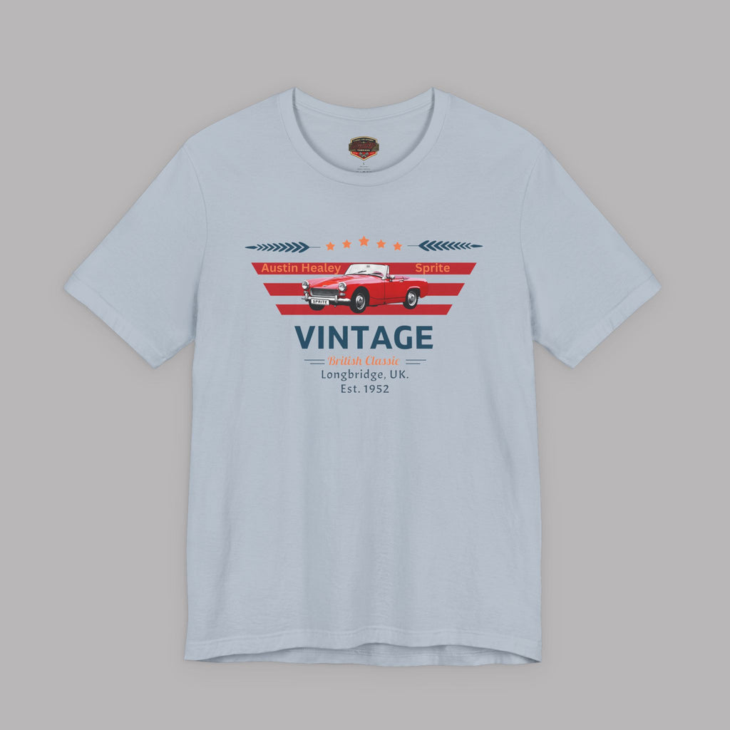 Light blue t-shirt with red classic car graphic and text on a gray background
