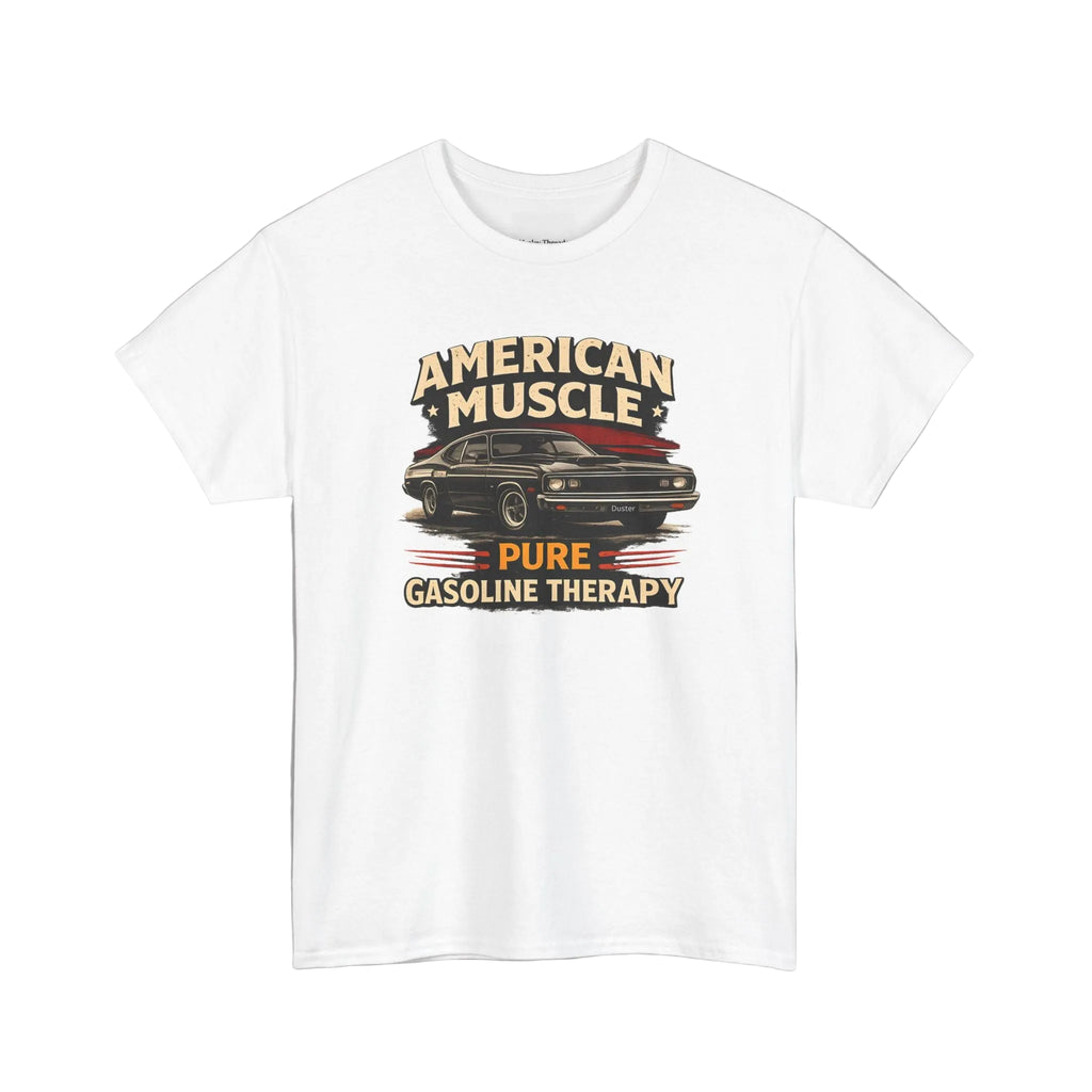 White t-shirt with 'American Muscle' graphic design on a white background