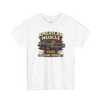 White t-shirt with 'American Muscle' graphic design on a white background