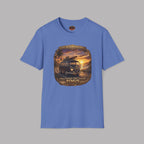 Vintage 1965 surfer van Iris blue t-shirt with retro beach sunset graphic and “Chase Sunsets. Find Yourself.”