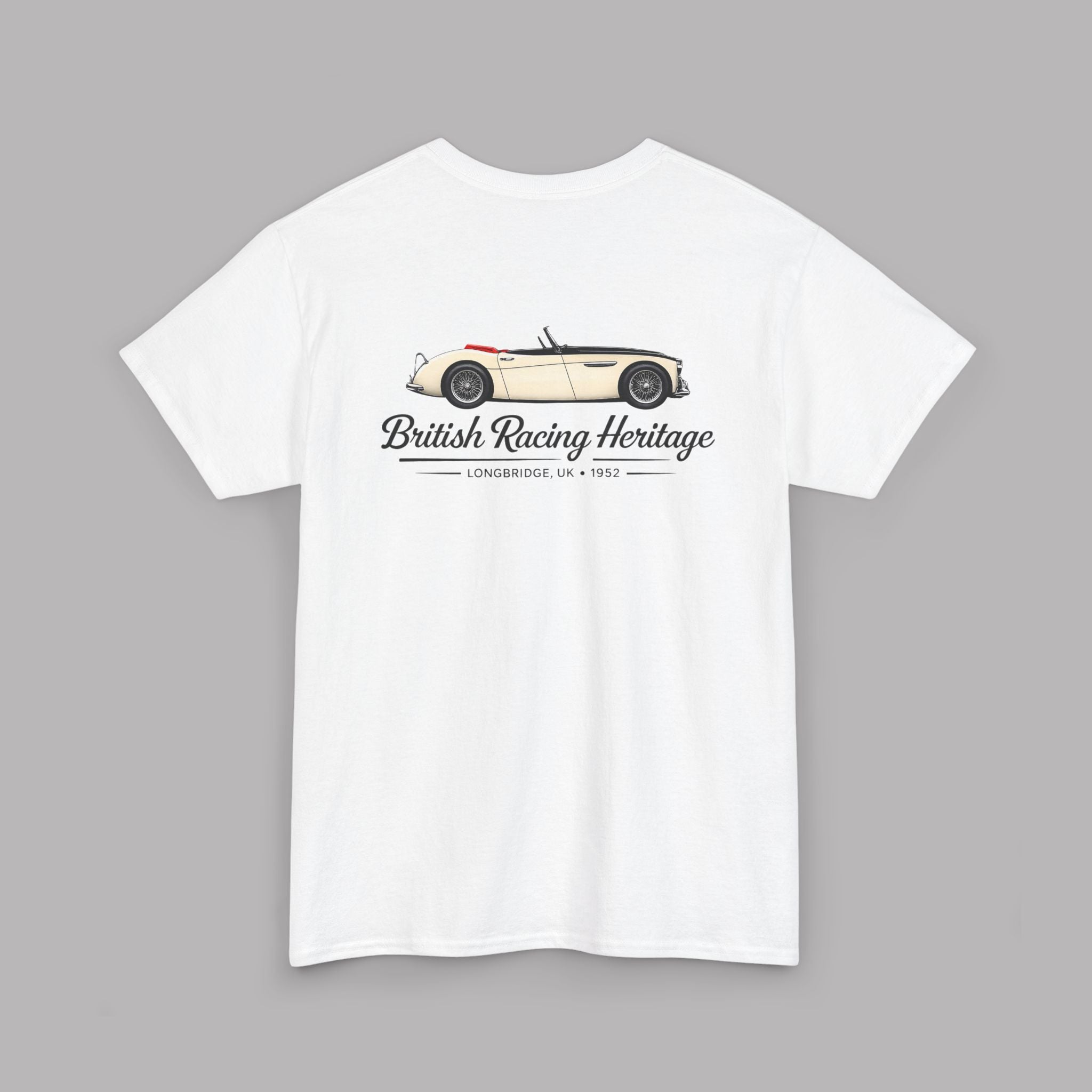 White t-shirt with a vintage Healey car graphic and black text on a gray background