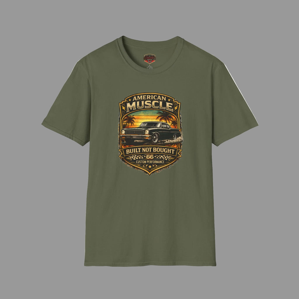 Military green t-shirt with a classic car graphic on a gray background