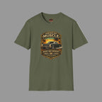 Military green t-shirt with a classic car graphic on a gray background