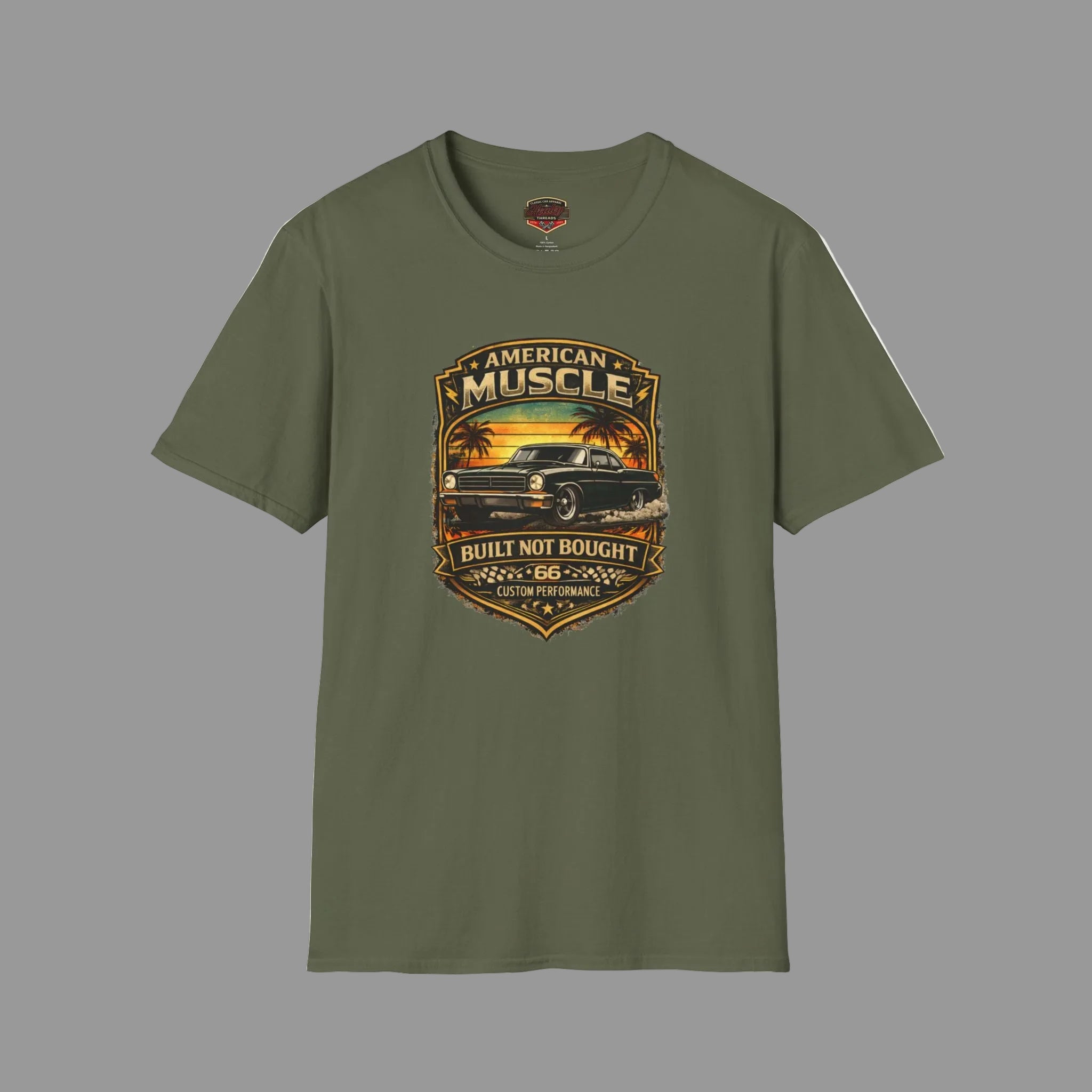 Military green t-shirt with a classic car graphic on a gray background