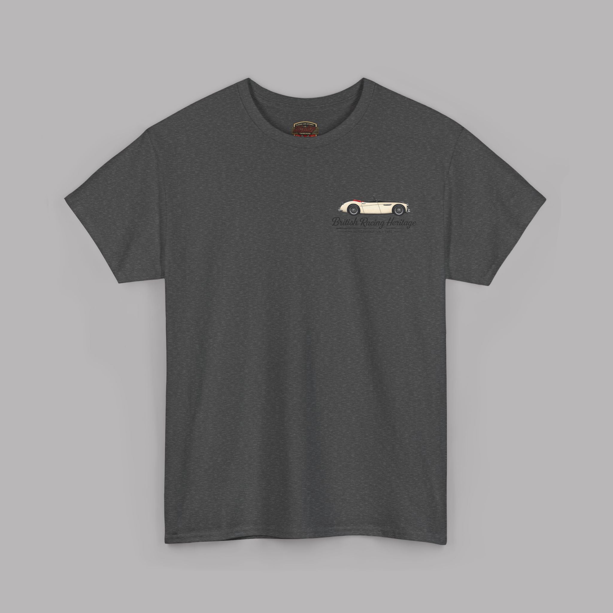 Dark heather t-shirt with Healey car design  and black text on a gray background
