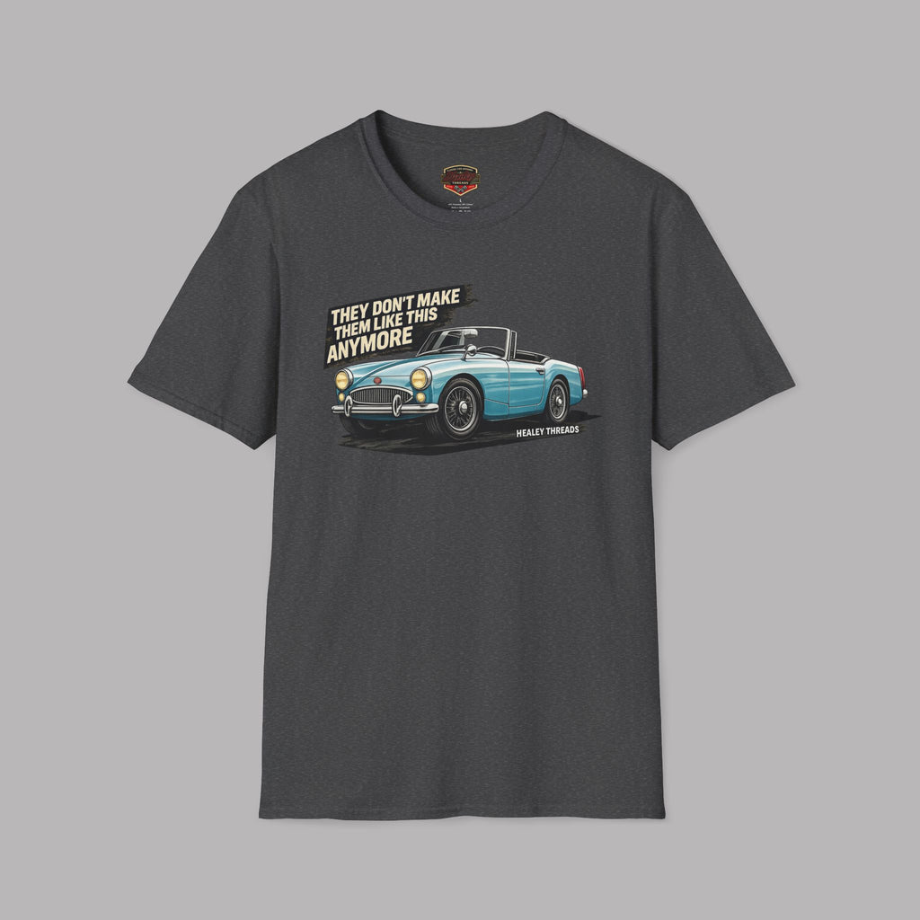 Gray t-shirt with a vintage car graphic and text on a gray background