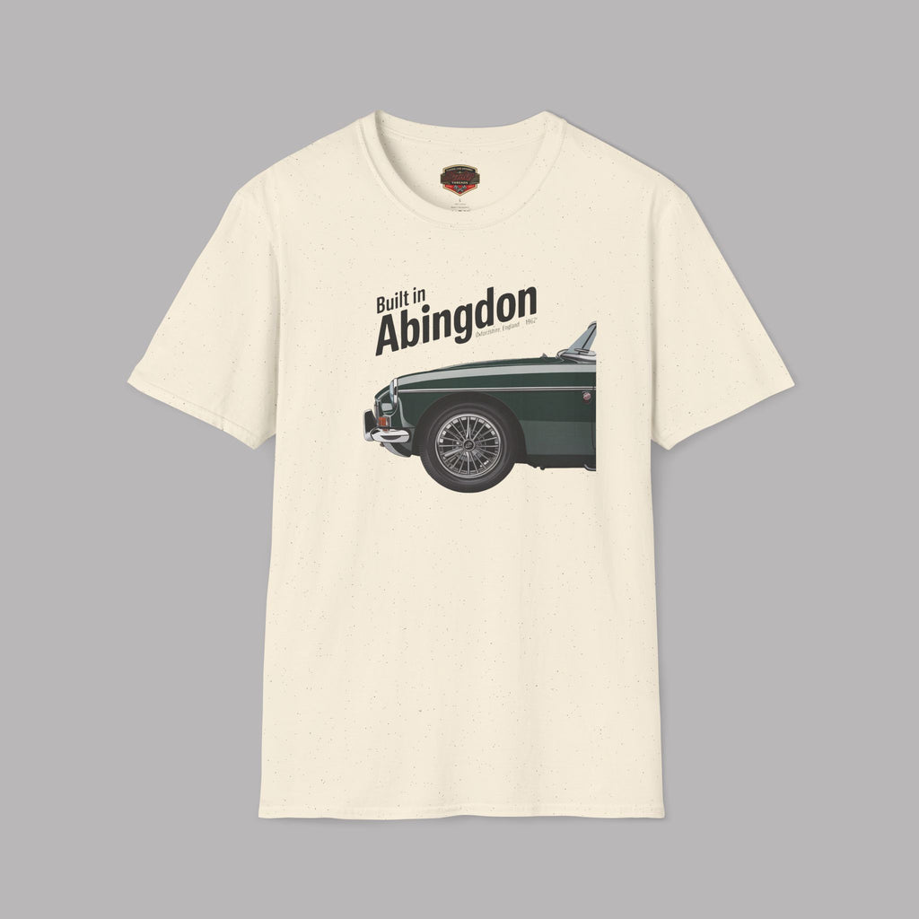 Natural t-shirt with a graphic of a classic car and text 'Built in Abingdon' on a gray background
