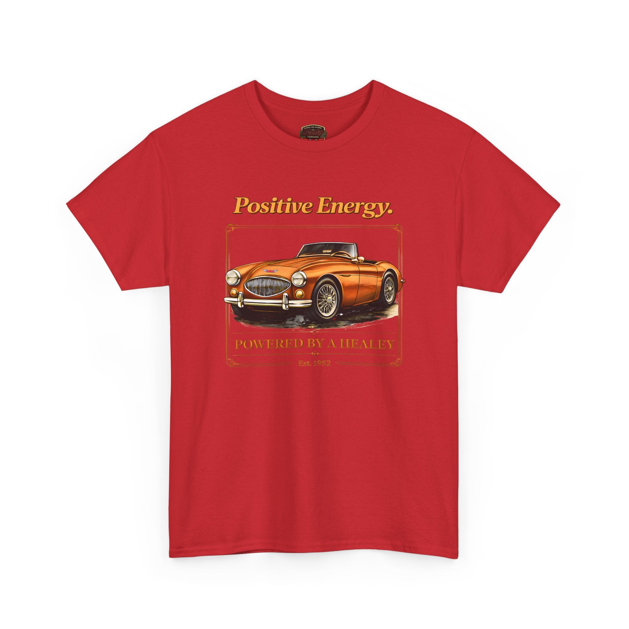 Red t-shirt with a vintage car graphic and 'Positive Energy' text on a white background