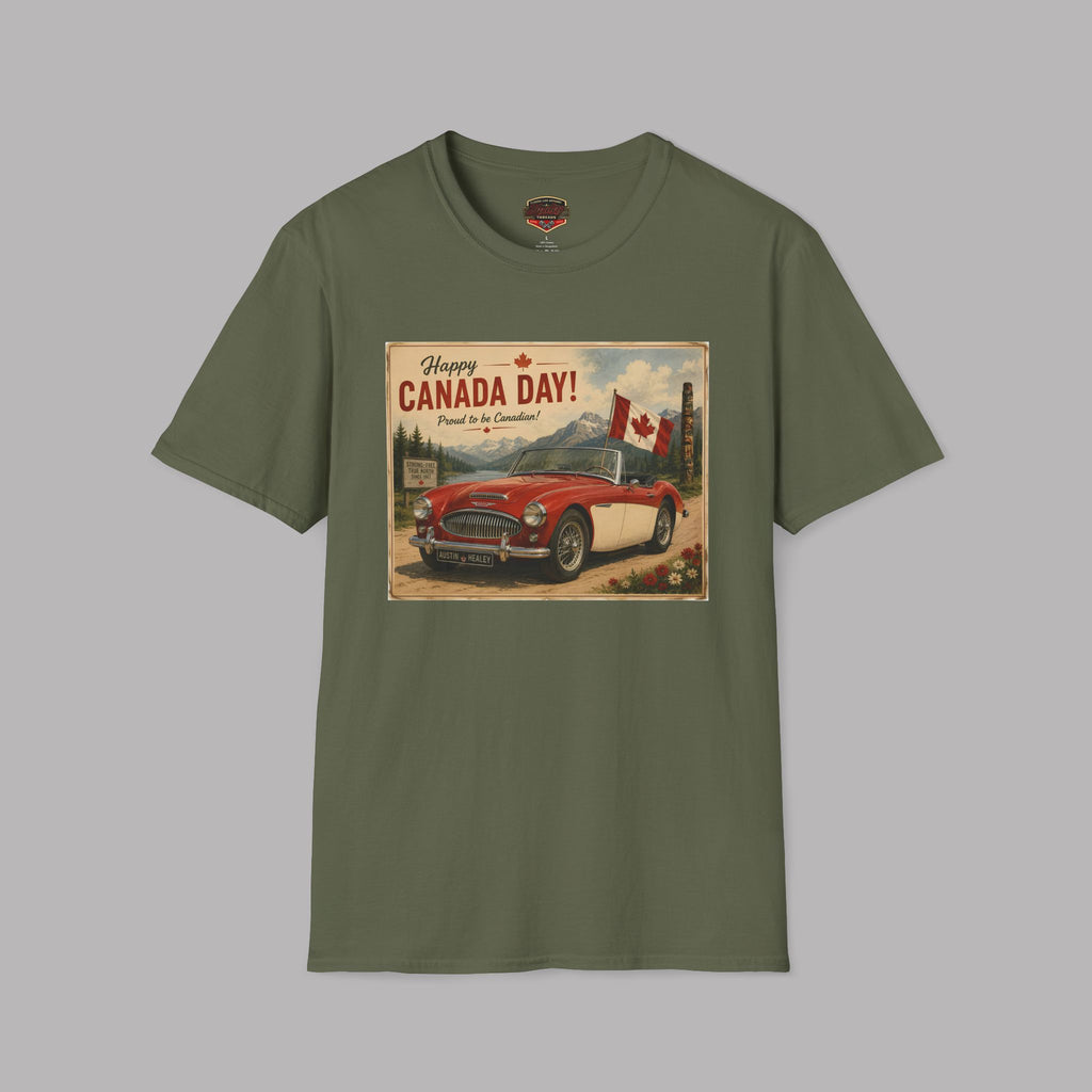 An military green short-sleeve crewneck t-shirt featuring a vintage-style 'Happy Canada Day!' graphic print on the chest, displayed against a solid gray background.