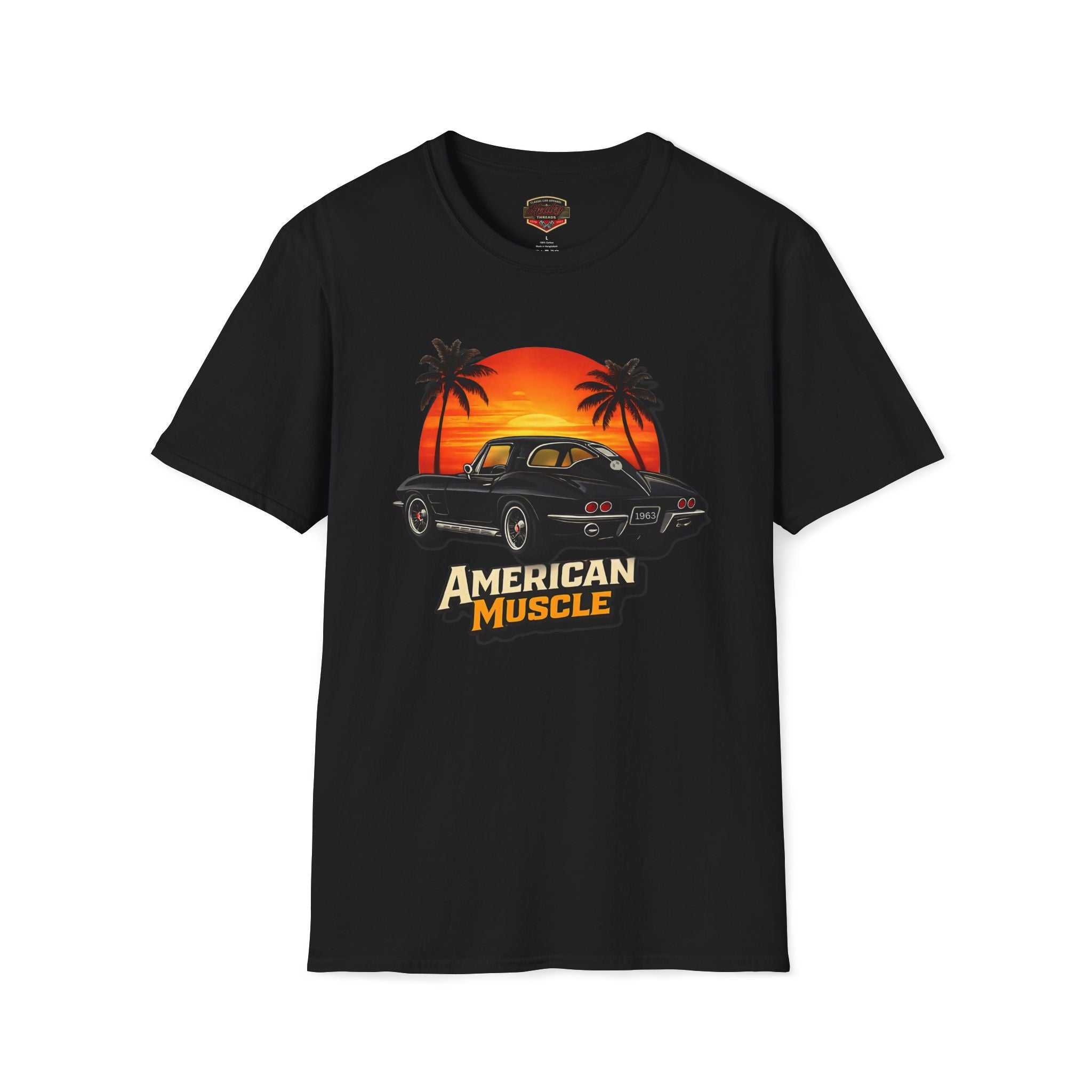 Black t-shirt with 'American Muscle' graphic design featuring a sunset and palm trees on a white background.