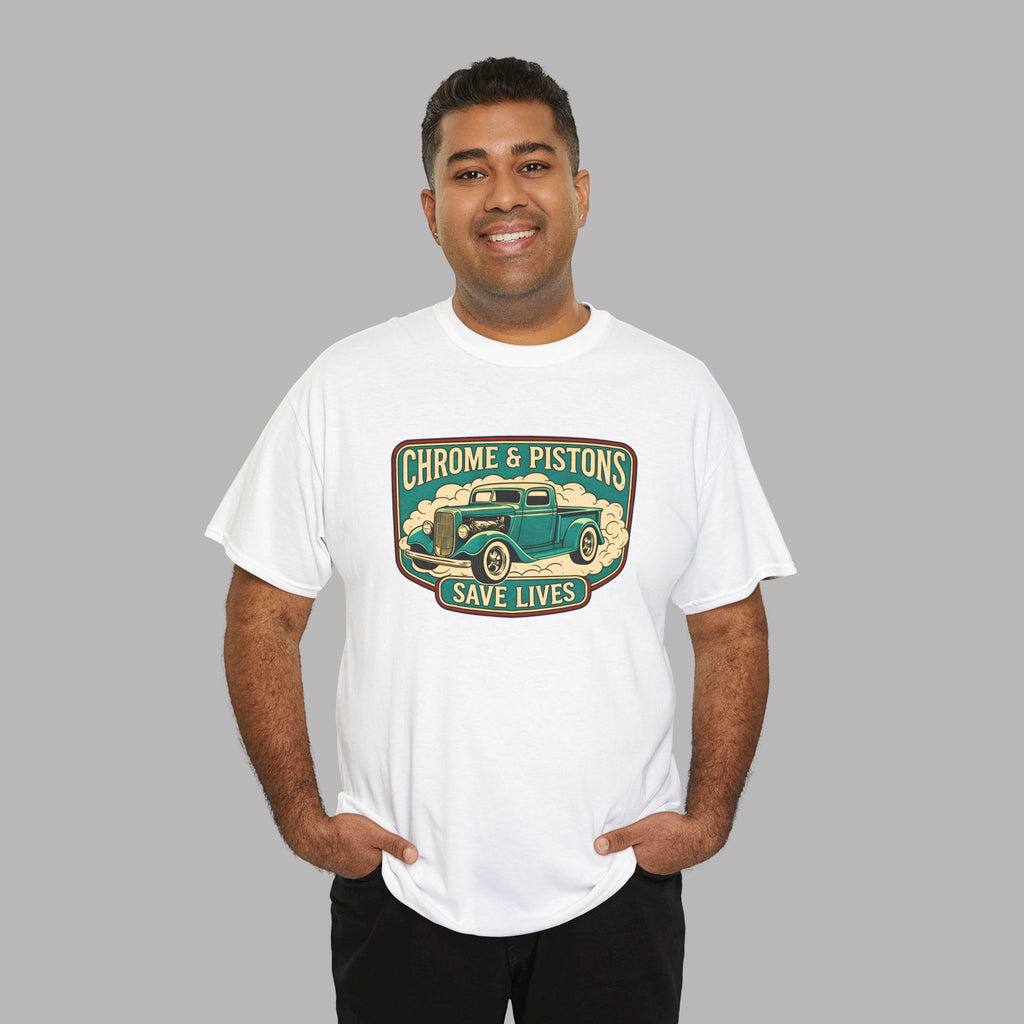Chrome and Pistons T-Shirt – Vintage Hot Rod Graphic Tee