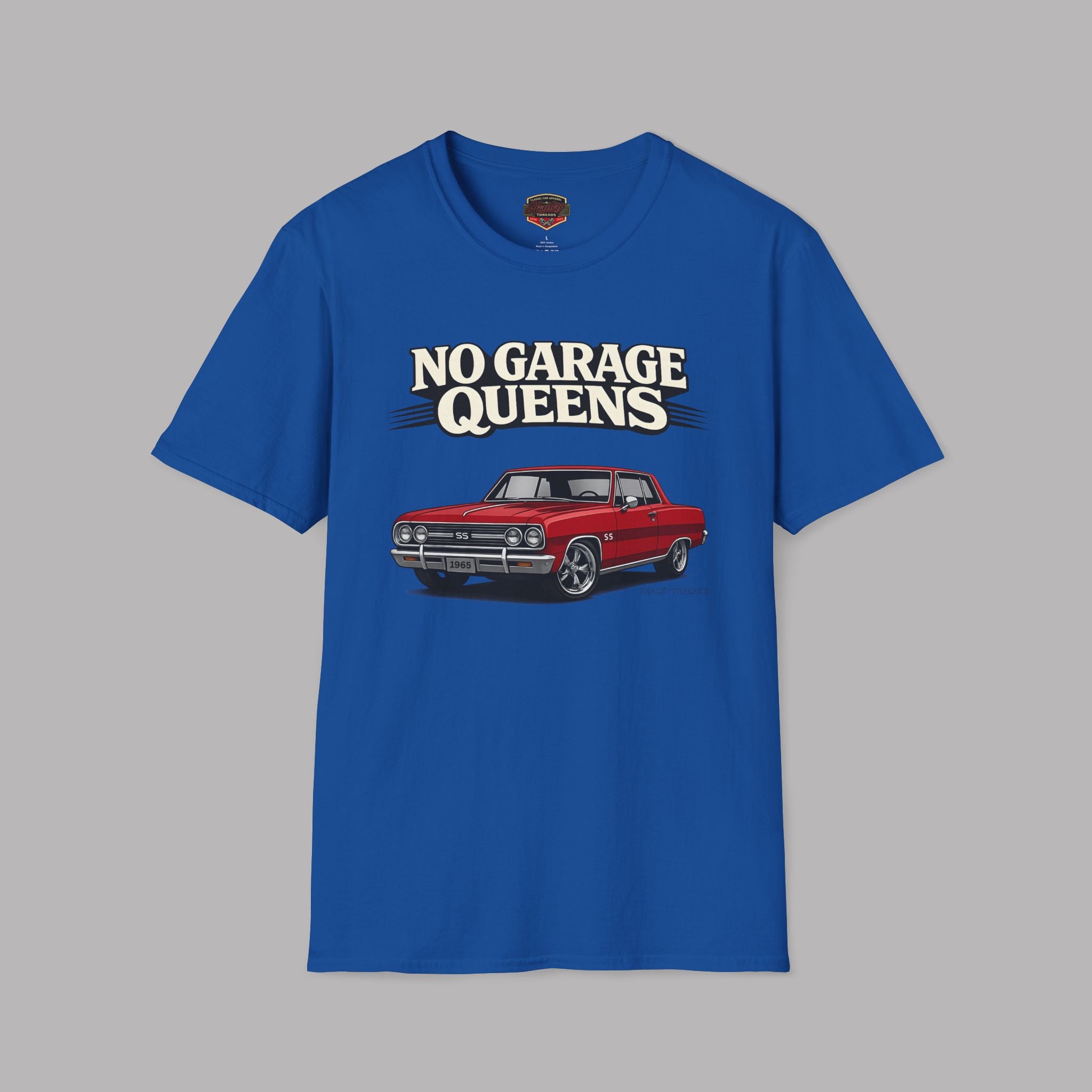 Royal blue t-shirt with a graphic of a red car and 'No Garage Queens' text on a gray background