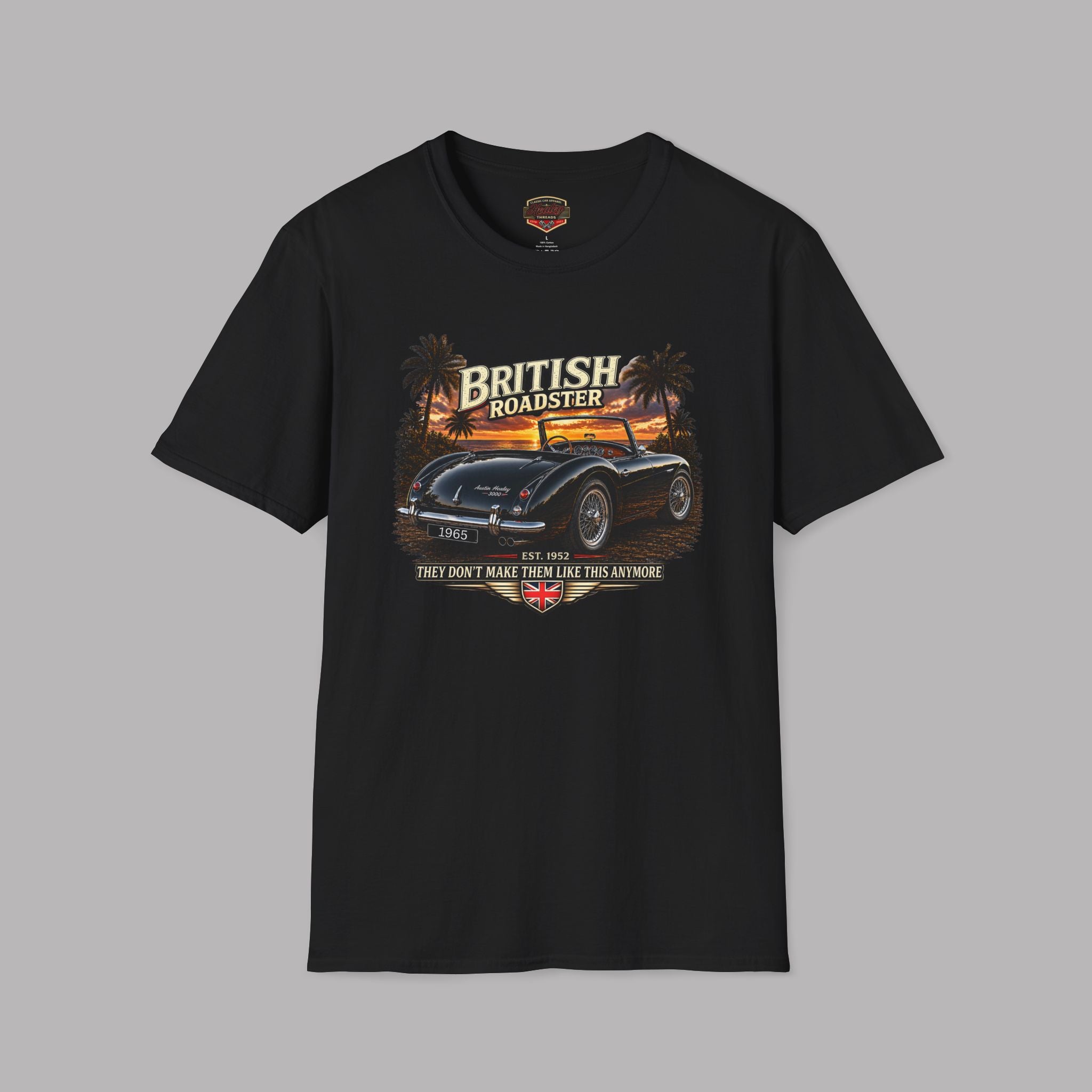 Black t-shirt with a graphic of a vintage car and 'British Roadster' text on a gray background