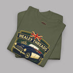Folded military green t-shirt with 'Healey Threads' design featuring a car and British flag on a gray background