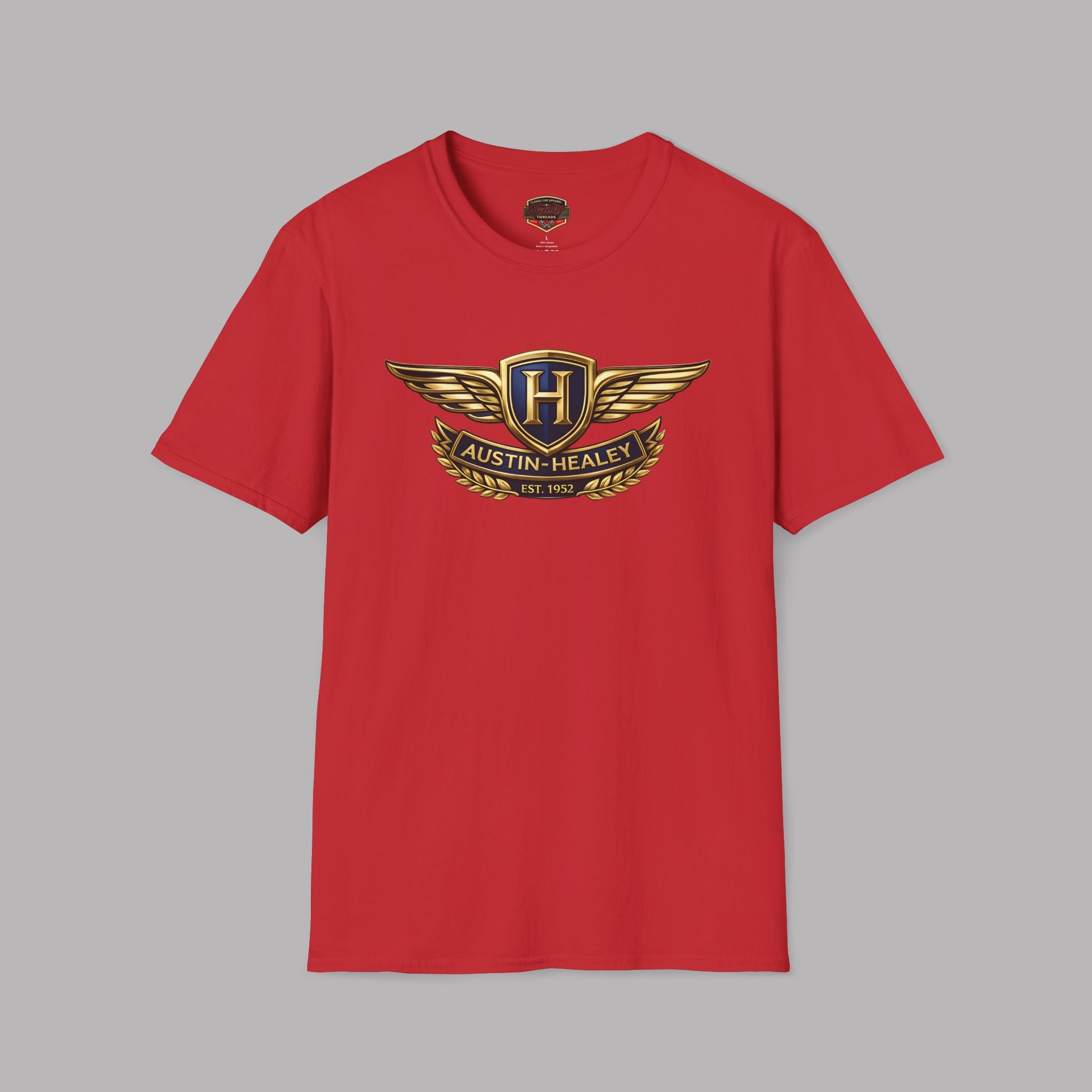 Red t-shirt with Austin-Healey logo on a gray background