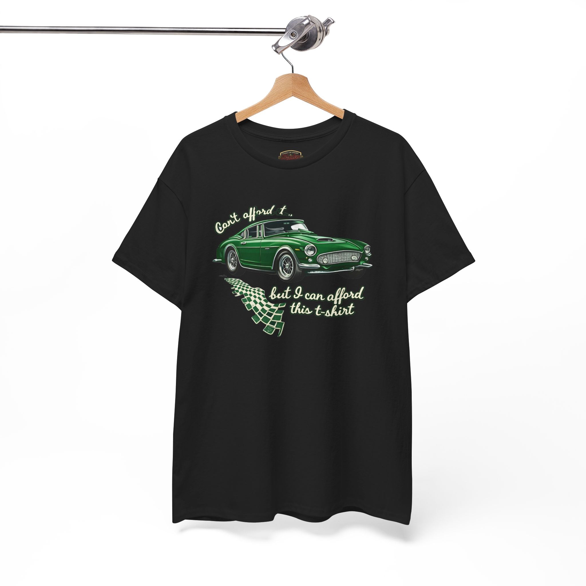 Black t-shirt with green car graphic and text on a hanger against a white background
