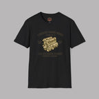 Black t-shirt with gold coventry engine graphic and text on a gray background