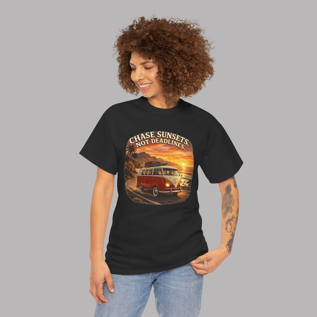 Chase Sunsets Camper T‑Shirt - 'Chase Sunsets Not Deadlines' Retro Van Tee