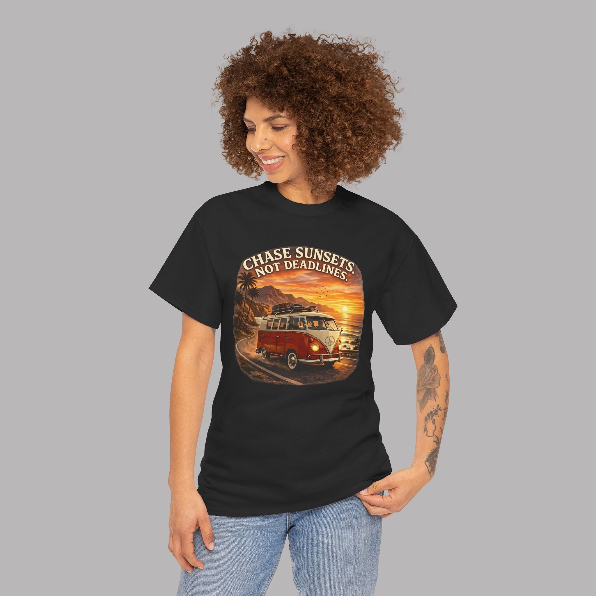 Chase Sunsets Camper T‑Shirt - 'Chase Sunsets Not Deadlines' Retro Van Tee