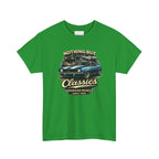 Irish green t-shirt with a graphic of a blue car and text on a white background