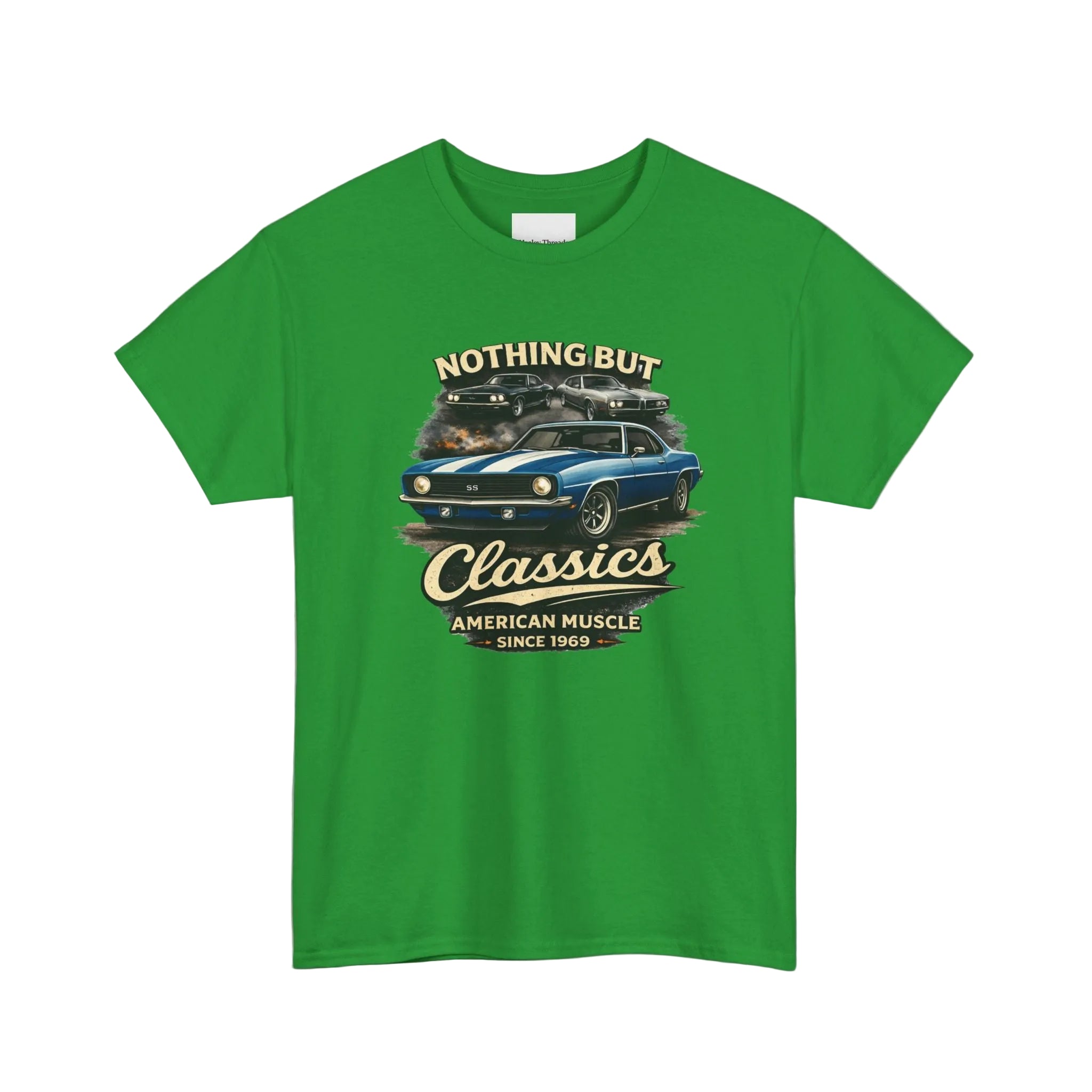Irish green t-shirt with a graphic of a blue car and text on a white background