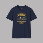 Navy blue t-shirt with 'American Muscle' car graphic on a gray background