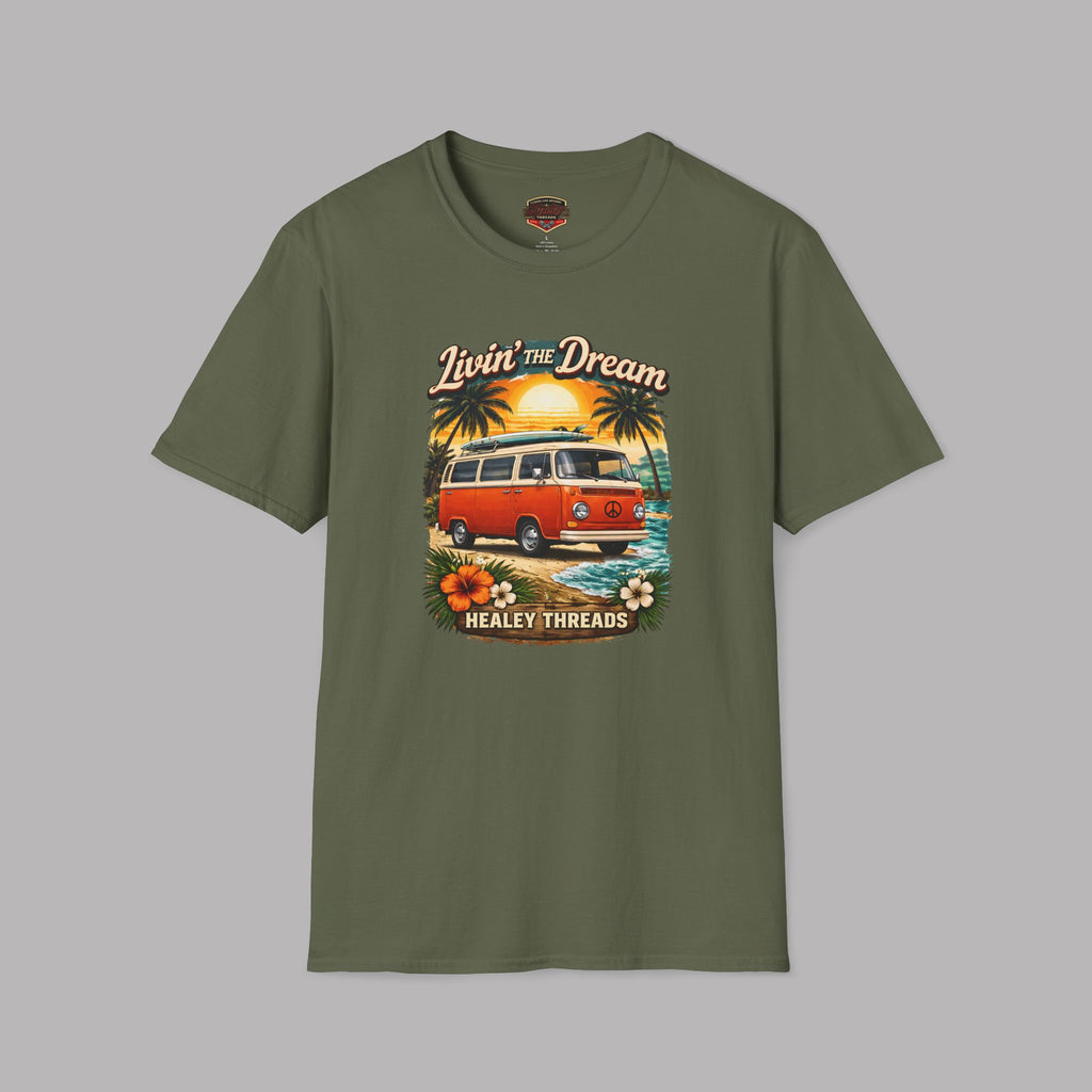 Military green t-shirt with a graphic of a van and palm trees on a gray background