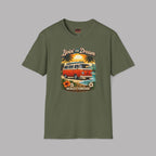 Military green t-shirt with a graphic of a van and palm trees on a gray background