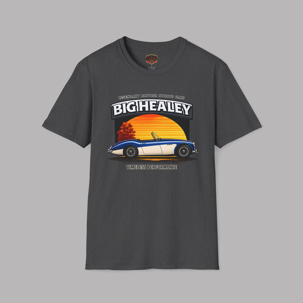Big Healey graphic dark heather colored t-shirt featuring a blue and white Austin Healey roadster with retro sunset artwork and vintage British sports car typography by Healey Threads