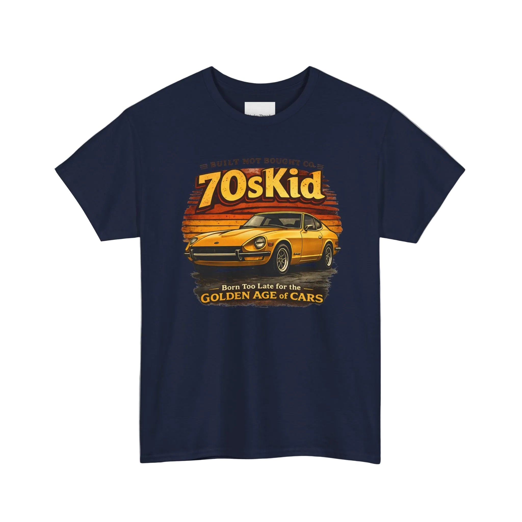 Navy blue t-shirt with a graphic of a car and text '70s Kid' on a white background