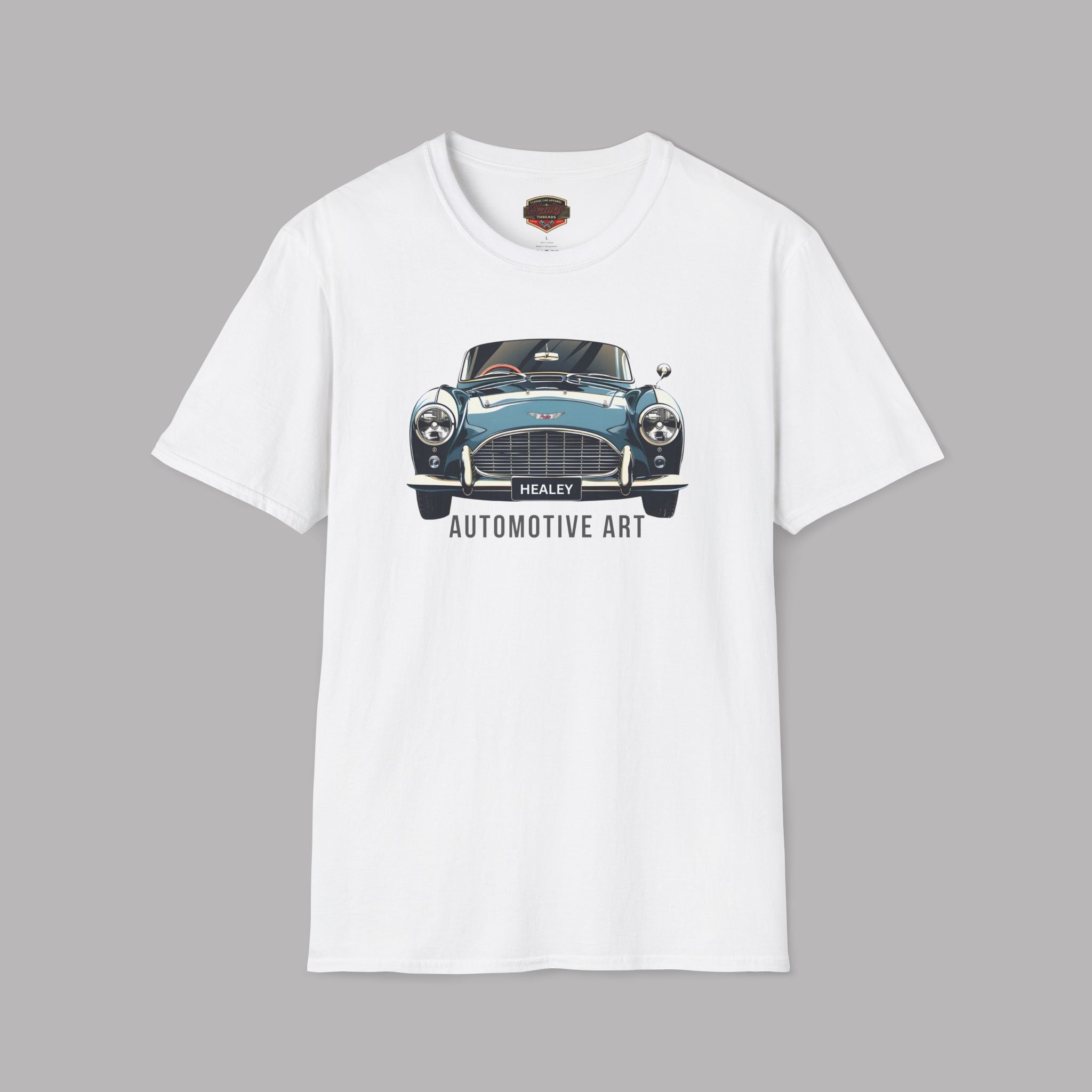 White t-shirt with a vintage car graphic and 'Healey Automotive Art' text on a gray background