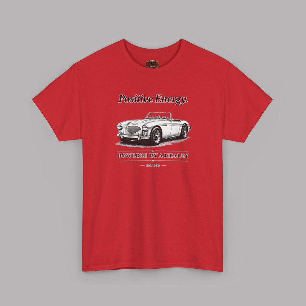 Red t-shirt with a graphic of a vintage car and text on a gray background