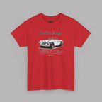Red t-shirt with a graphic of a vintage car and text on a gray background