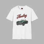 White t-shirt with a green classic car graphic and 'Healey' text on a gray background